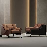 Contemporary armchair COMPAGNAleatherwoodenbrown