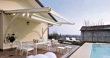 Wall-mounted pergola ARKOwoodenfabric canopymodular