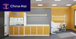 Dental laboratory workstation with light ALIUS with shelveswith 2 workstationsmodular