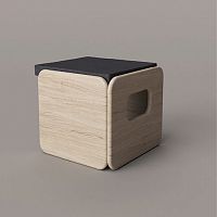 Contemporary stool POUFleatherwooden baseblack