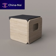 Contemporary stool POUFleatherwooden baseblack