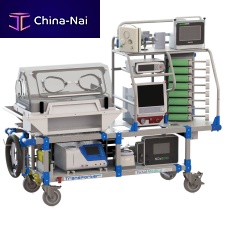 Transport infant incubator on casterswith monitor