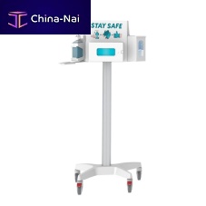 Hygiene station on casters with hand sanitizer holderwith glove box