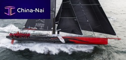 Ocean racing sailing super-yacht COMANCHEwith open transomcarboncanting keel