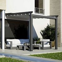 Wall-mounted pergola Stylex leaningthermo-lacquered aluminumPVC fabric sliding canopymotorized