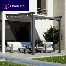 Wall-mounted pergola Stylex leaningthermo-lacquered aluminumPVC fabric sliding canopymotorized