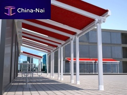 Wall-mounted pergola ELIOSaluminumacrylicfabric canopy