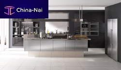 Contemporary kitchen INSPIRATION PROFESSIONNELLEstainless steelislandwith handle